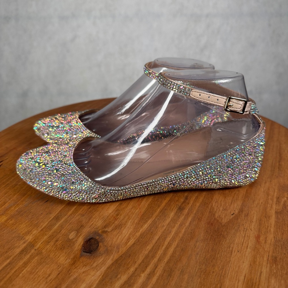 Betsey Johnson SB-ACE Flats Women 7M Champagne Rhinestone Good Crystal Ankle - Picture 9 of 14